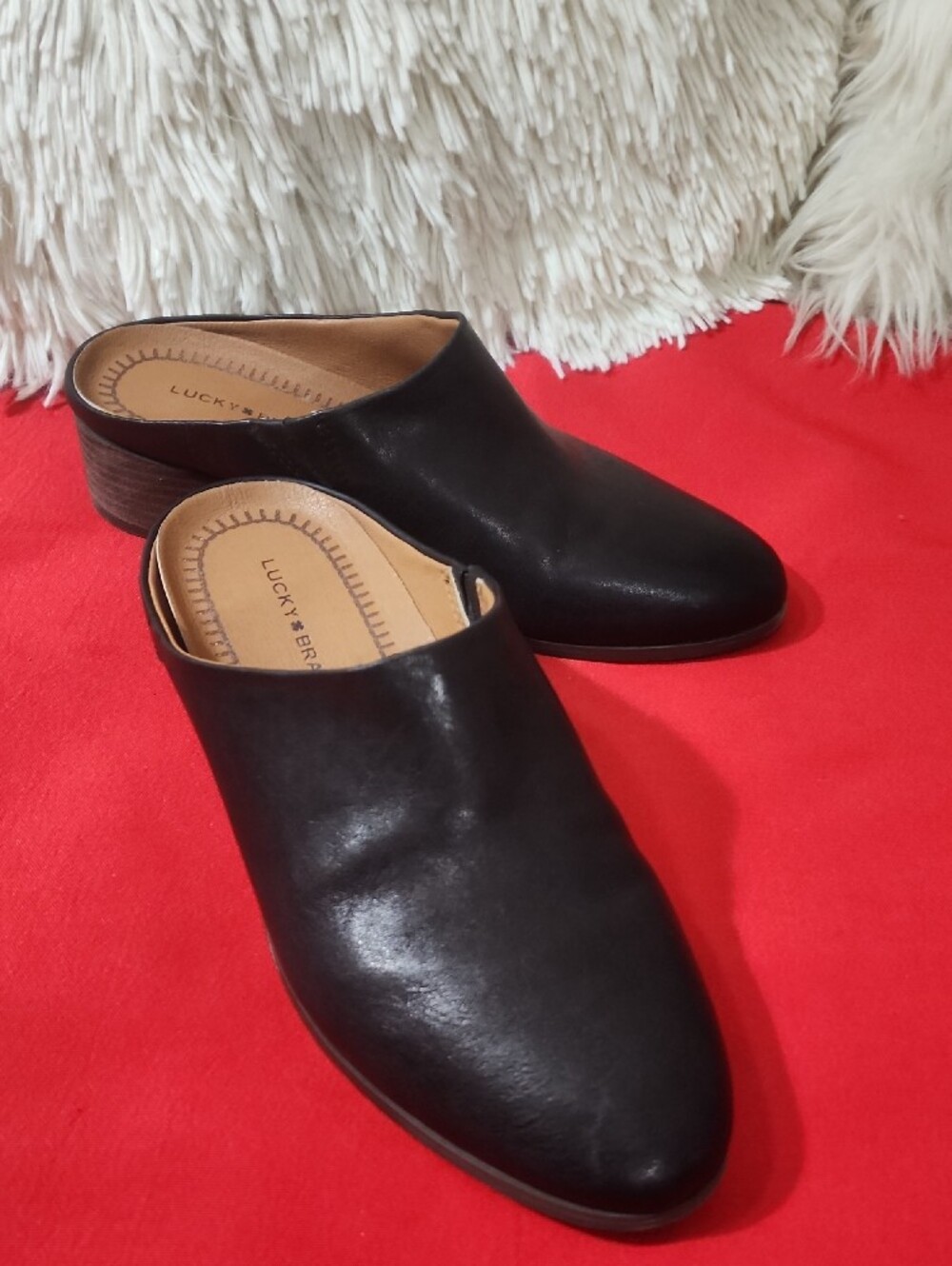 Lucky Brand Paloma Black Leather Slip-On Mules with Tan Insole